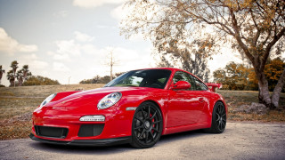 Red sports car autumn leaves 2 - a road next free wallpaper