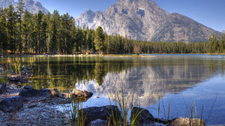 Mountain lake reflection trees rocks 2 - a clear blue sky free wallpaper for desktop