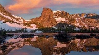 Mountain lake forest sunset sky 2 - a lake in the foreground and a forest in the background free wallpaper for desktop
