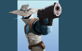 Man in white suit aiming - a blue background behind free wallpaper