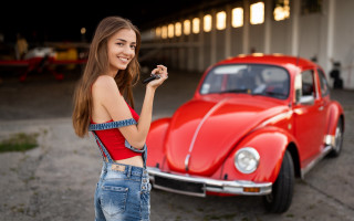 Eszter mattioni red car smiling - free 3d render wallpaper