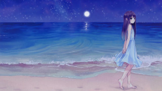 Girl beach ocean night full - a storybook illustration free wallpaper