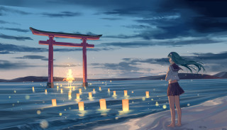 Woman gate candles water sky - atey ghailan free wallpaper for desktop