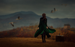 Woman green coat suitcase birds - a green coat free wallpaper