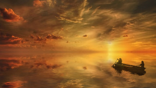 Lake sunset boat mountain city - arthur pan free wallpaper