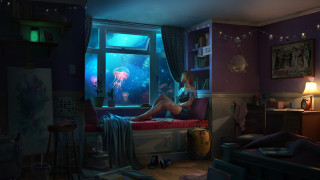 Woman bed underwater jellyfish lamp - a bed in a room free wallpaper