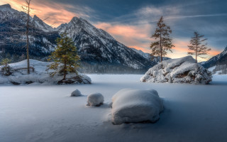 Snow mountain sunset trees rocks - a sunset in the background free wallpaper