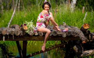 Woman flowerdress bridge river kimono - an art deco sculpture free wallpaper