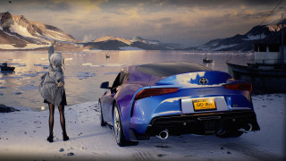 Woman car snow mountains lake - eve ryder free wallpaper