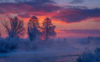 Foggy river autumn sunset mountain - a red sky free wallpaper