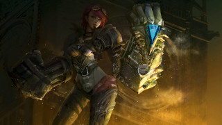 Futuristic woman giant object glowing - light behind her free wallpaper