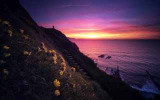 Cliff overlooking ocean sunset pink - ektachrome photograph free wallpaper for desktop