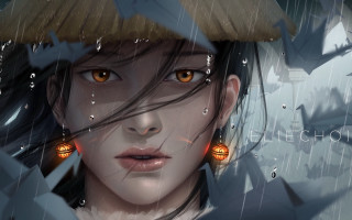 Woman strawhat orangeeyes rain tears - orange eye free wallpaper