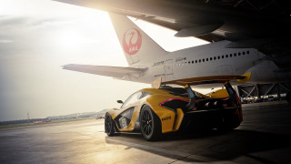 Yellow sports car jet airplane - a runway free wallpaper