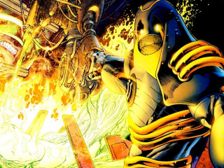 Man fighting robot yellow black - mask free wallpaper