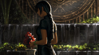 Woman vase flowers waterfall fantasy - a woman in the background free wallpaper