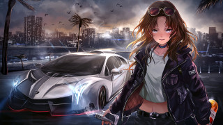 Girl leatherjacket sunglasses cityscape palm - a car in a city free wallpaper