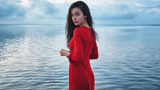 Woman red dress beach ocean 3 - a beach next free wallpaper