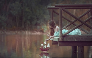 Woman dock boat lake sailboat - surreal photography free wallpaper for desktop