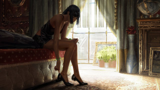 Woman sitting bed phone bedroom - a fireplace free wallpaper for desktop