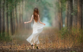 Woman white dress forest path - a forest free wallpaper