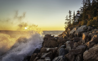 Wave rocky shore sunset lighthouse - free sunset wallpaper