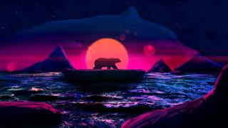 Bear boat sunset mountains moon - a large moon free wallpaper
