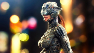 Futuristic woman cyberpunk helmet gun 2 - a futuristic suit free wallpaper
