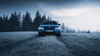 Blue car forest road cinematic - artur grottger free wallpaper