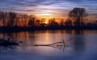 Sunset lake tree branch clouds 3 - a tree branch in the foreground free wallpaper