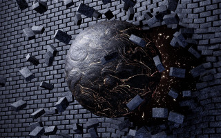Metal ball bricks debris cityscape - octane renderer free wallpaper for desktop