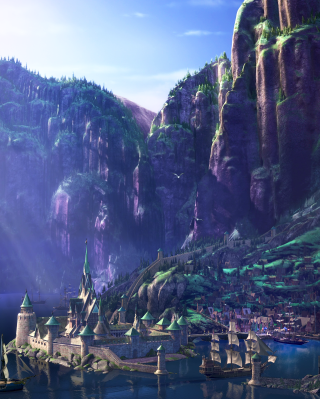 Fantasy landscape castle mountain lake - a boat in the foreground free wallpaper for mobile