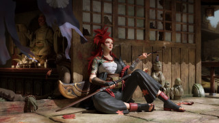 Woman sitting katana fantasy art - her hand and a helmet free wallpaper