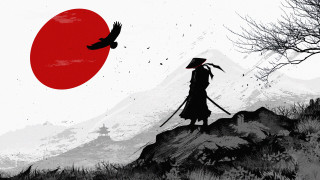 Hill red sun bird ukiyo - ukiyoe free wallpaper for desktop