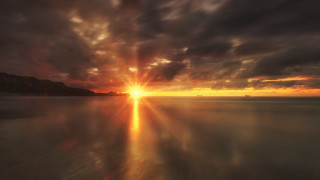 Sunset water boat mountain clouds 3 - crepuscular free wallpaper for desktop