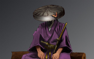 Purple robe samurai sitting portrait - sōsaku hanga free wallpaper for desktop