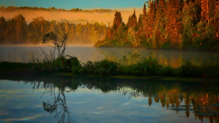 Lake fog reflection autumn impessionist - impressionism free wallpaper