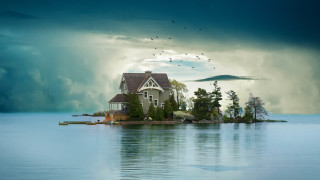 Island stormy lake birds bridge - a small island in the middle of a lake free wallpaper
