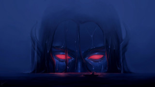 Demonic face red eyes dark - the water and a boat free wallpaper