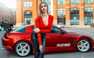 Red car woman park building - a red top free wallpaper for desktop