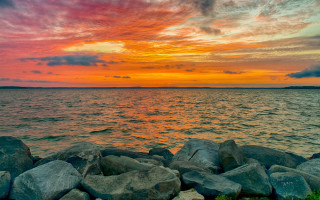 Sunset water rocks island clouds - colorful cloud free wallpaper