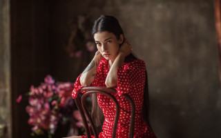 Woman red dress chair flower - a chair free wallpaper
