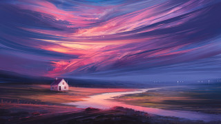 House field stream purple sky - alena aenami free wallpaper for desktop