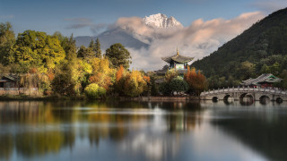 Bridge lake mountain building scenery - chen chi free wallpaper