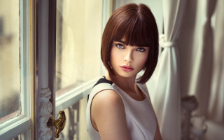 Asian bob cut portrait curtains - art nouveau free wallpaper