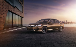 Brown honda accord city sunset - a city skyline in the background free wallpaper