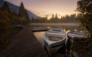 Boats dock lake sunset fog - lake free wallpaper