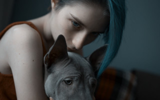 Blue haired woman hugging dog - f1.4 free wallpaper for desktop