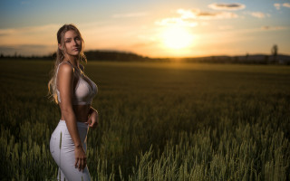 Sunset field blonde woman portrait - the sun setting behind her free wallpaper for desktop