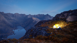 Mountain top tent lake night - a tent free wallpaper